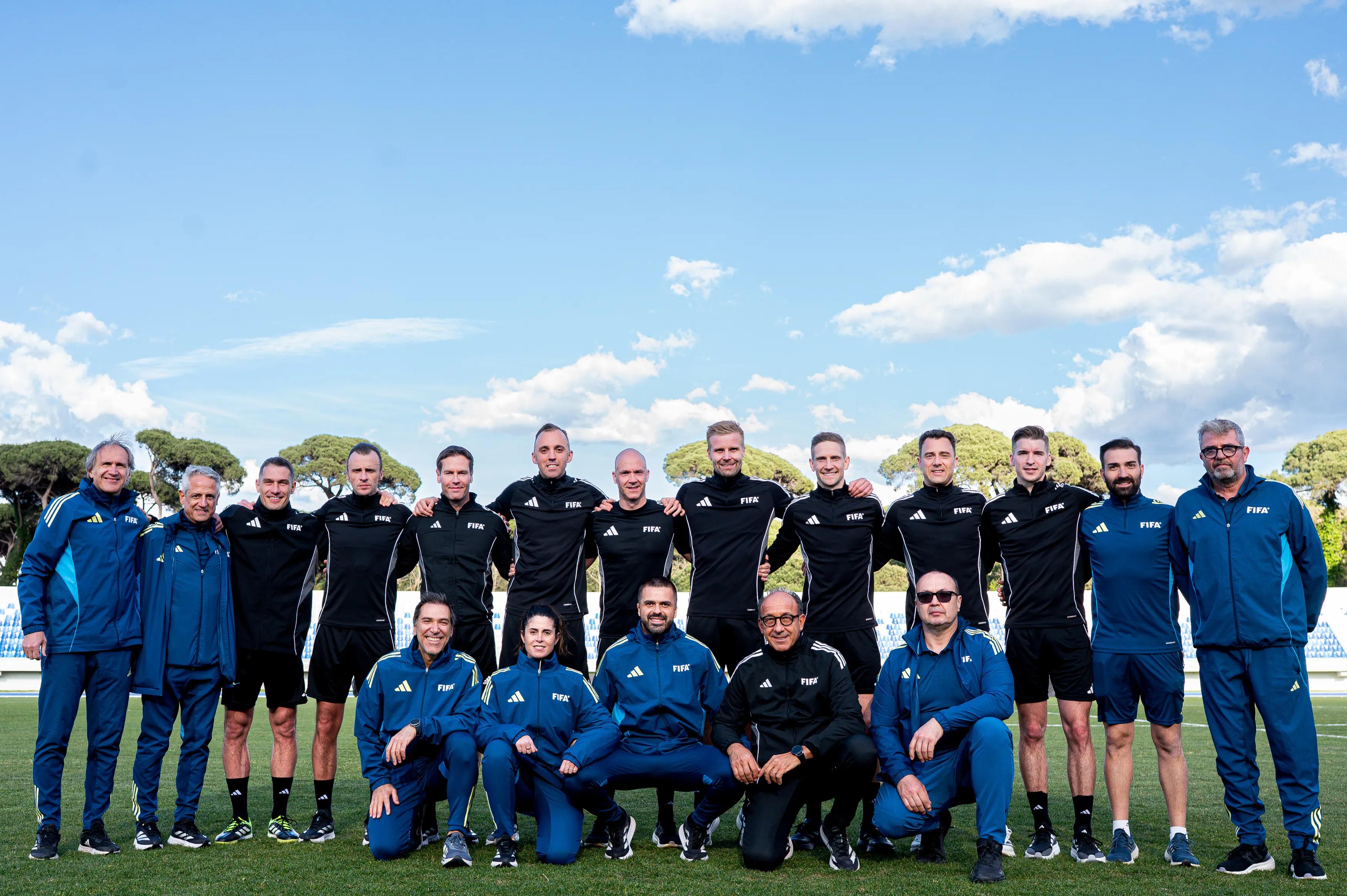 VIAREGGIO, ITALY - MARCH 31: Referees and FIFA staff pose for a group picture after a training session part of the FWC26 Referee Seminar - Italy at Stadio dei Pini on March 31, 2026 in Viareggio, Italy. (Photo by Simone Arveda - FIFA/FIFA via Getty Images)